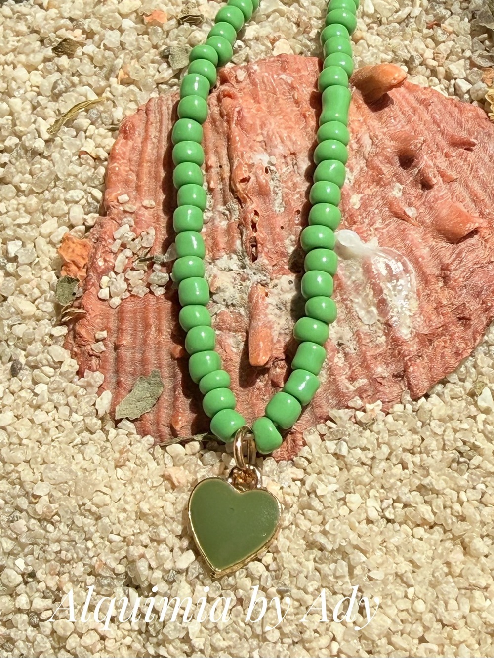 Lime Green Beaded Necklace with Gold-Edged Heart Charm